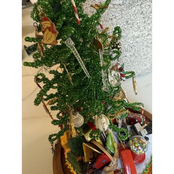 Vintage Westrim Beaded Christmas Tree Tiny Ornaments Wood Base Glass Dome 6 Inch - Picture 7 of 12
